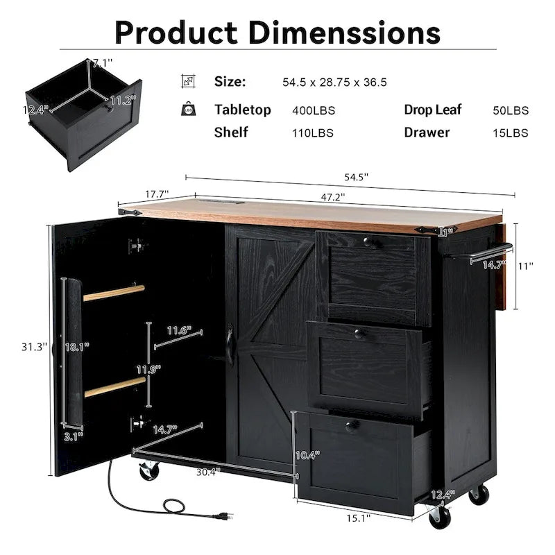 54.5-Inch Rolling Kitchen Island with Drop Leaf, Storage and Power Outlets