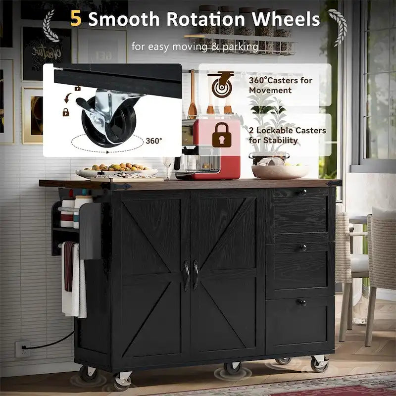 54.5-Inch Rolling Kitchen Island with Drop Leaf, Storage and Power Outlets