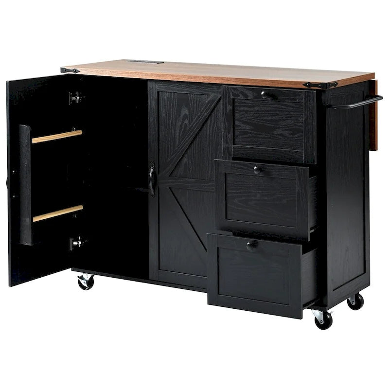 54.5-Inch Rolling Kitchen Island with Drop Leaf, Storage and Power Outlets