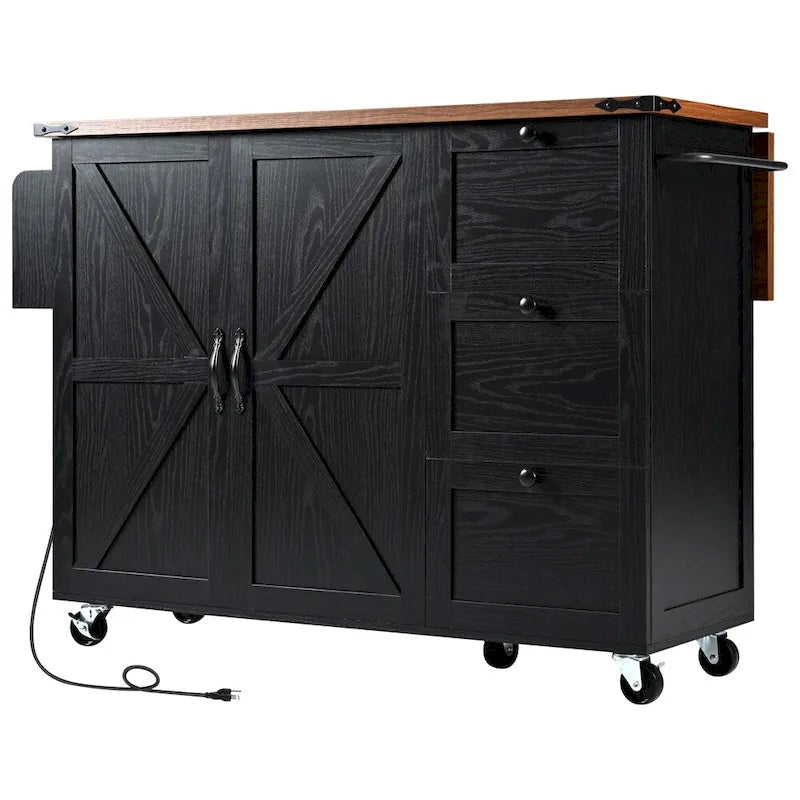 54.5-Inch Rolling Kitchen Island with Drop Leaf, Storage and Power Outlets