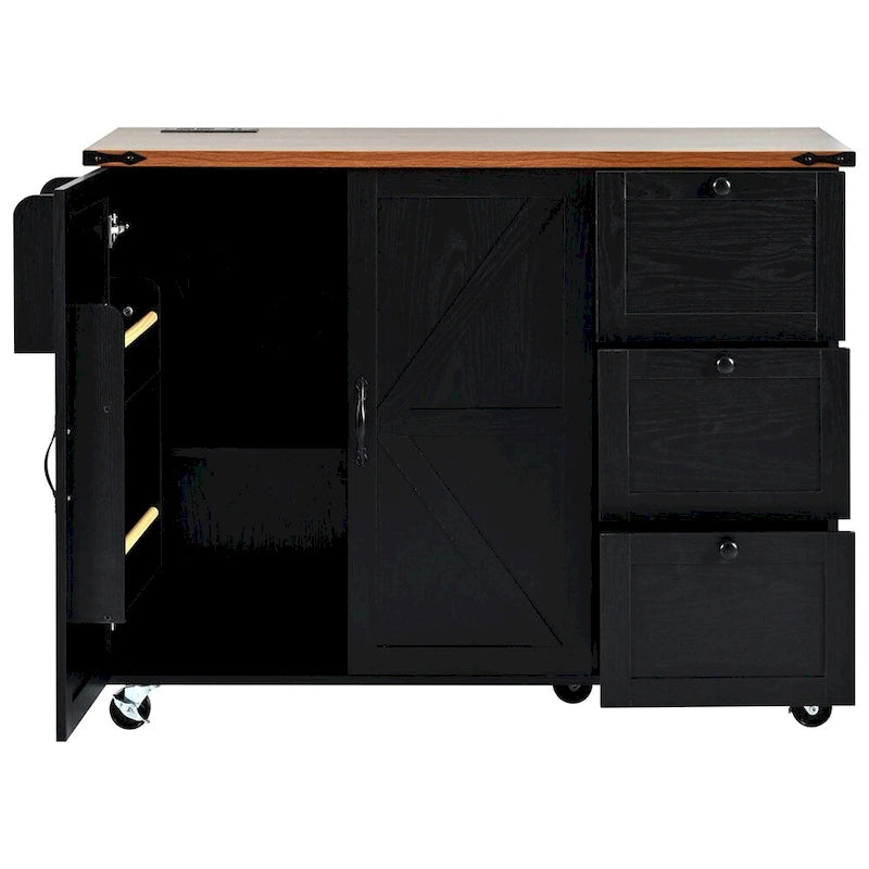 54.5-Inch Rolling Kitchen Island with Drop Leaf, Storage and Power Outlets