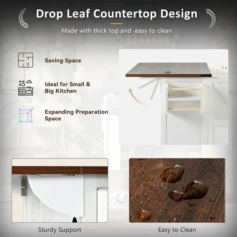54.5-Inch Rolling Kitchen Island with Drop Leaf, Storage and Power Outlets