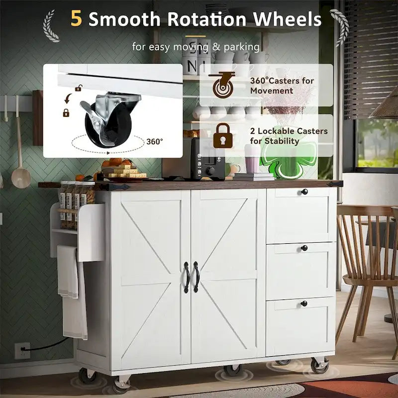 54.5-Inch Rolling Kitchen Island with Drop Leaf, Storage and Power Outlets