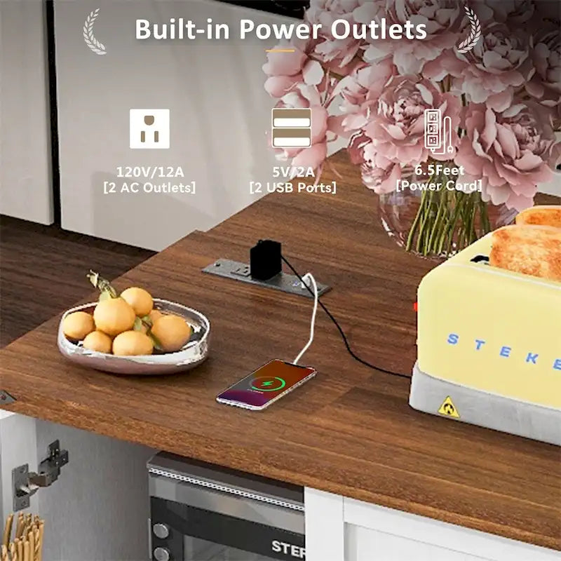 54.5-Inch Rolling Kitchen Island with Drop Leaf, Storage and Power Outlets
