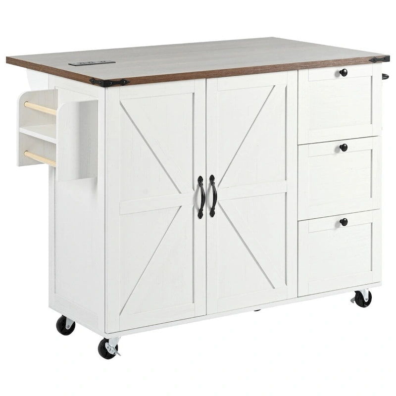 54.5-Inch Rolling Kitchen Island with Drop Leaf, Storage and Power Outlets