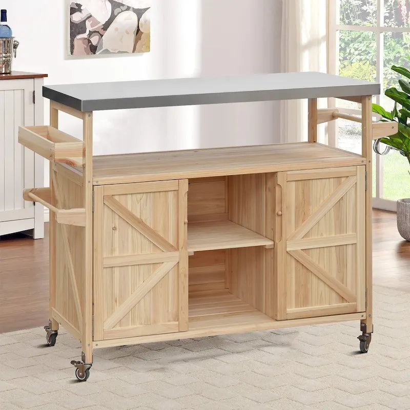 Wooden Kitchen Island with Stainless Steel Top and Storage