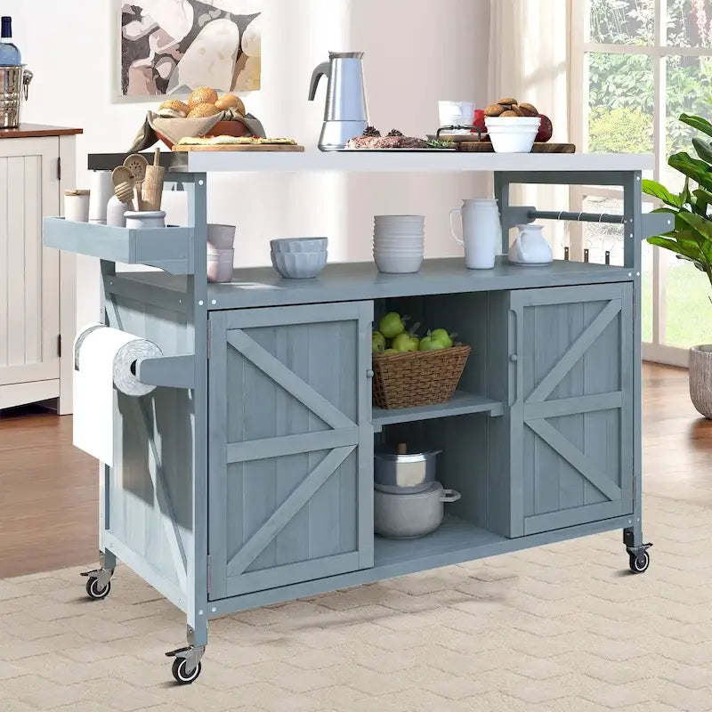 Wooden Kitchen Island with Stainless Steel Top and Storage
