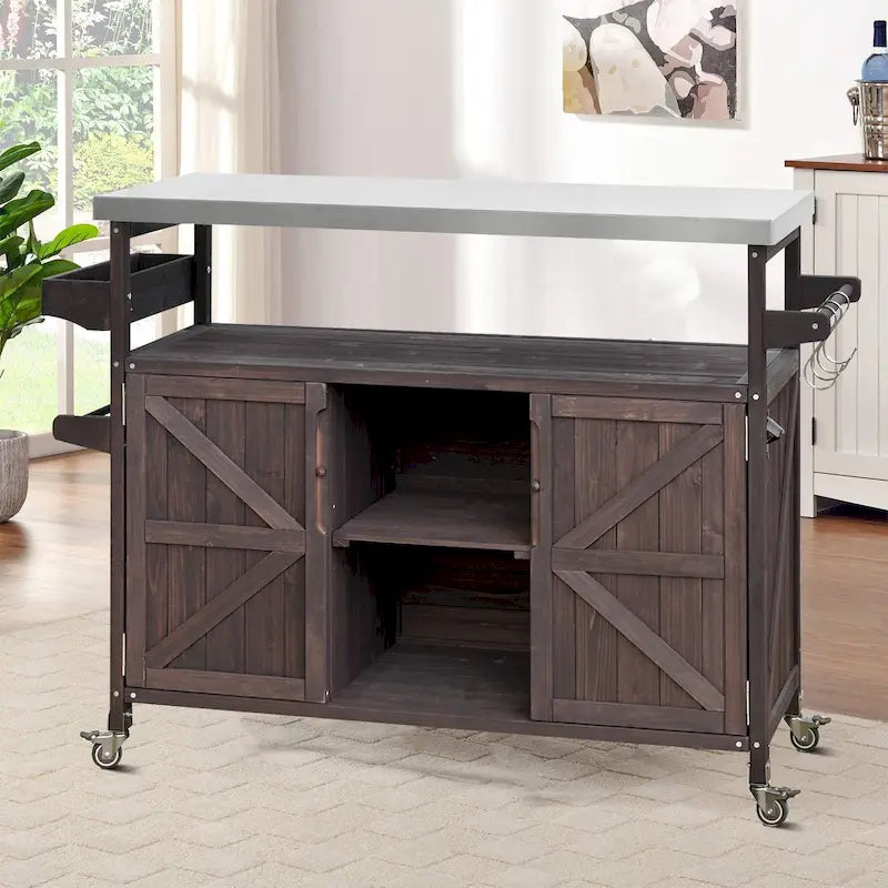 Wooden Kitchen Island with Stainless Steel Top and Storage