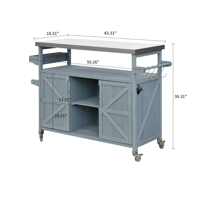 Wooden Kitchen Island with Stainless Steel Top and Storage