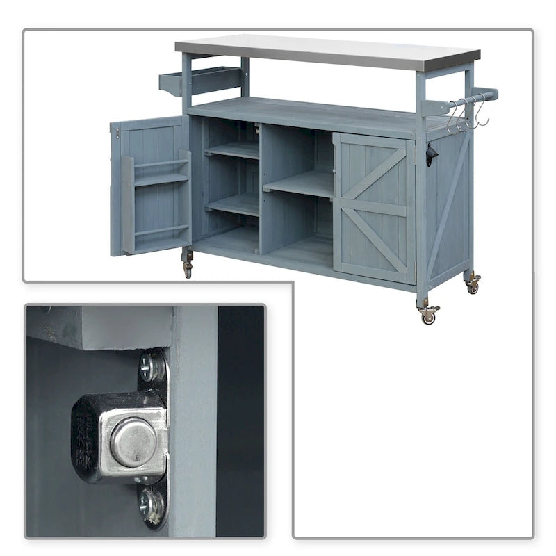 Wooden Kitchen Island with Stainless Steel Top and Storage