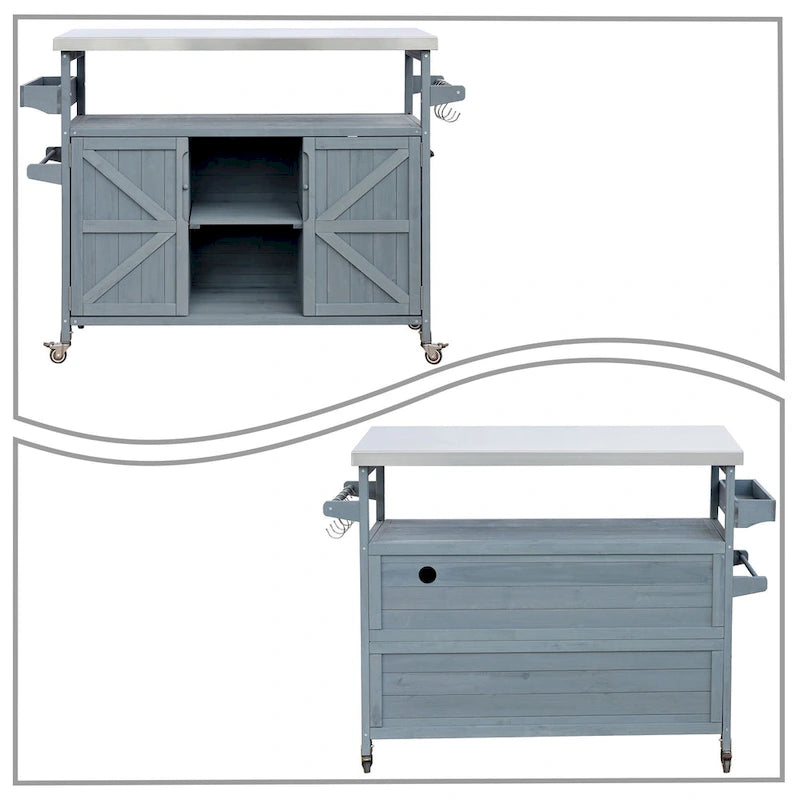 Wooden Kitchen Island with Stainless Steel Top and Storage