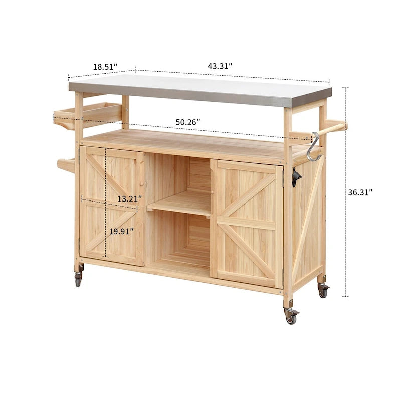 Wooden Kitchen Island with Stainless Steel Top and Storage