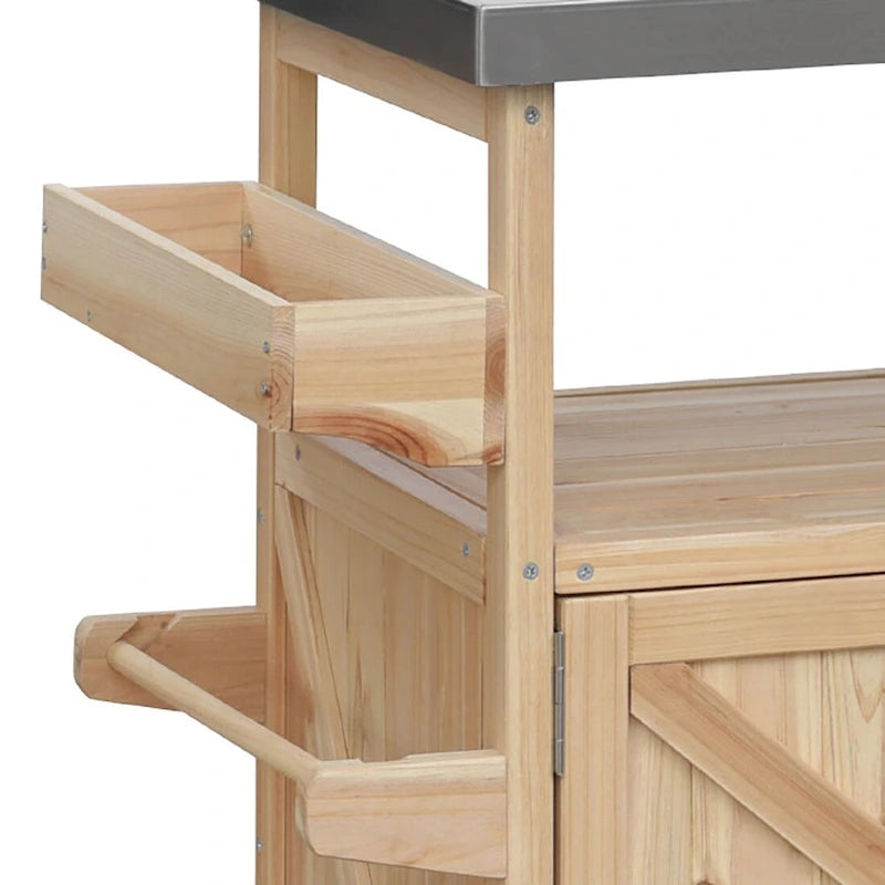 Wooden Kitchen Island with Stainless Steel Top and Storage