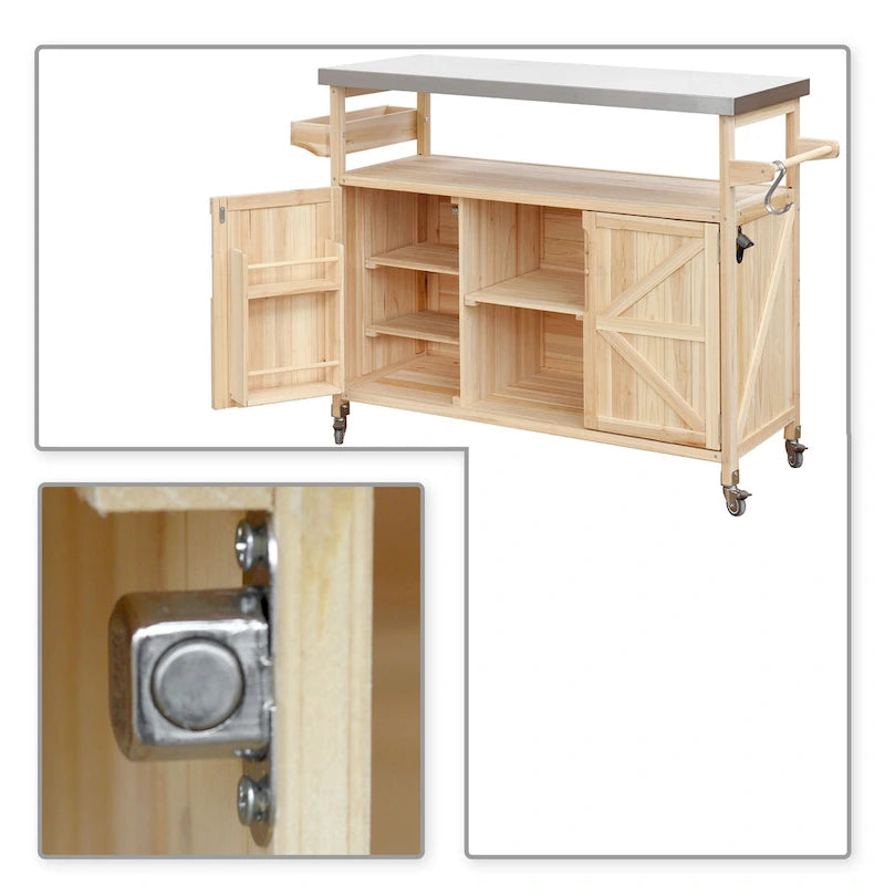 Wooden Kitchen Island with Stainless Steel Top and Storage