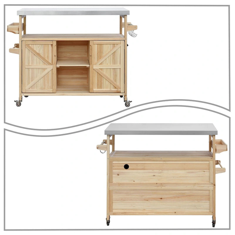 Wooden Kitchen Island with Stainless Steel Top and Storage