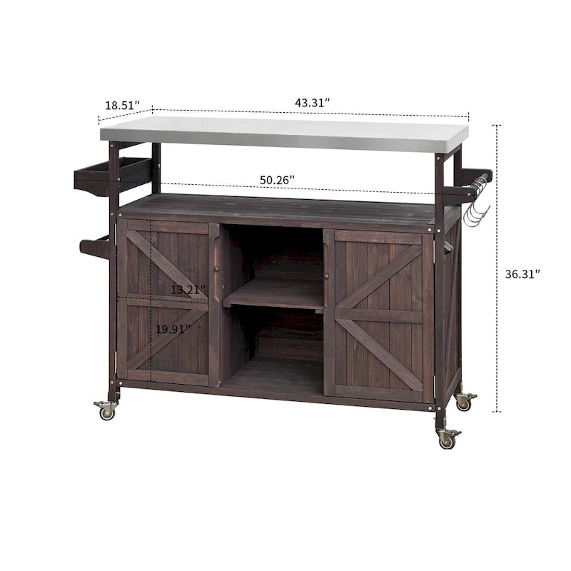 Wooden Kitchen Island with Stainless Steel Top and Storage