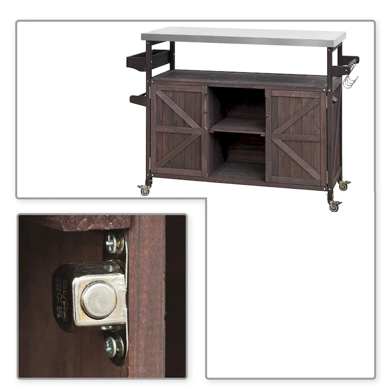 Wooden Kitchen Island with Stainless Steel Top and Storage