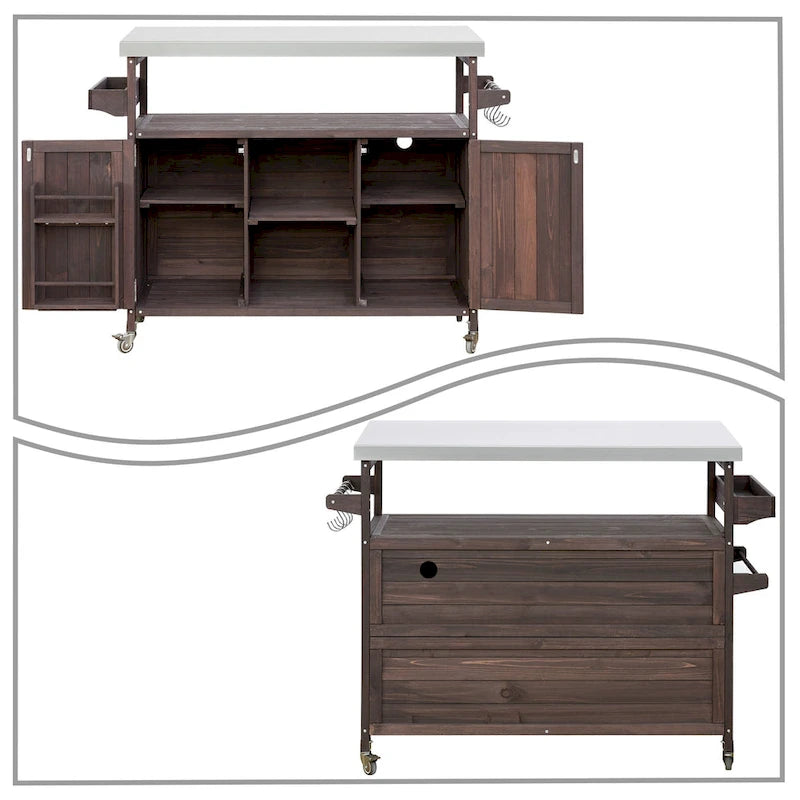 Wooden Kitchen Island with Stainless Steel Top and Storage