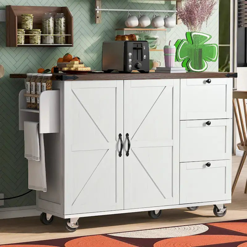Farmhouse Rolling Kitchen Island with Drop Leaf and Power Outlets