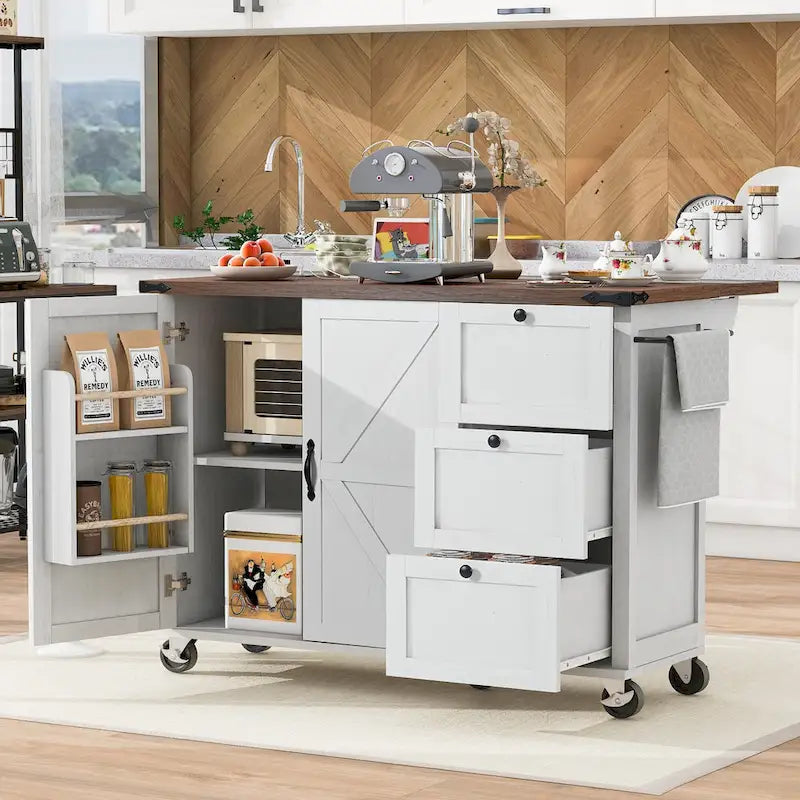 Farmhouse Rolling Kitchen Island with Drop Leaf and Power Outlets