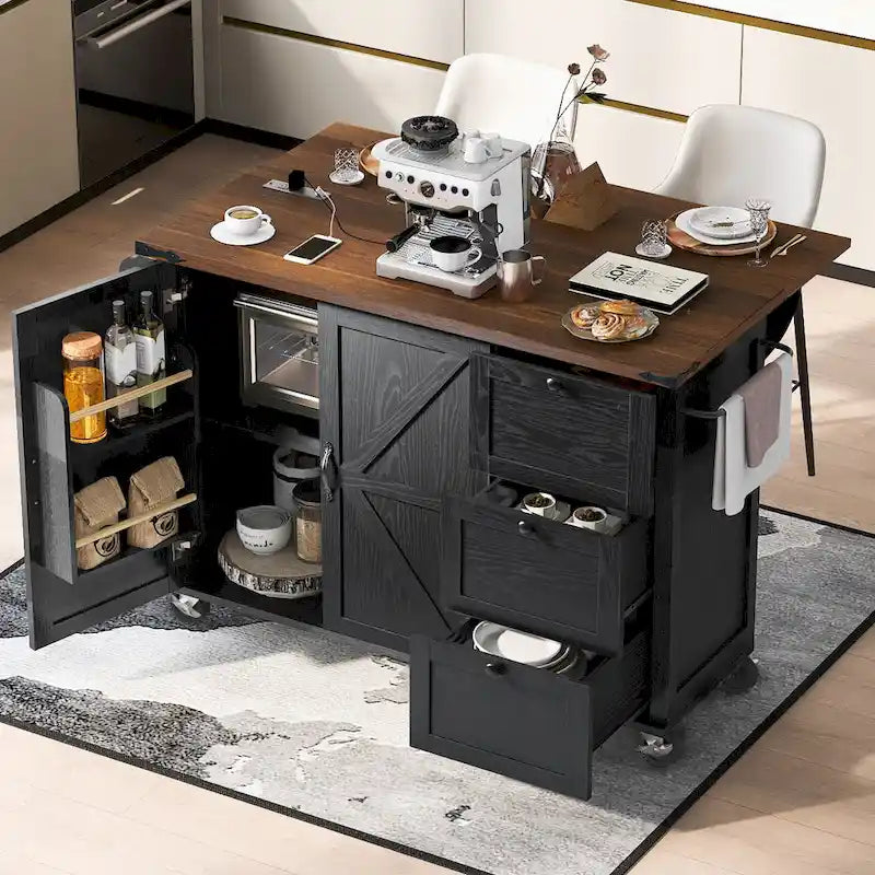 Farmhouse Rolling Kitchen Island with Drop Leaf and Power Outlets
