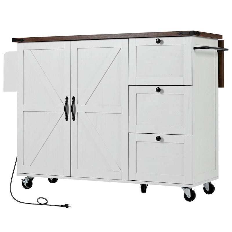 Farmhouse Rolling Kitchen Island with Drop Leaf and Power Outlets