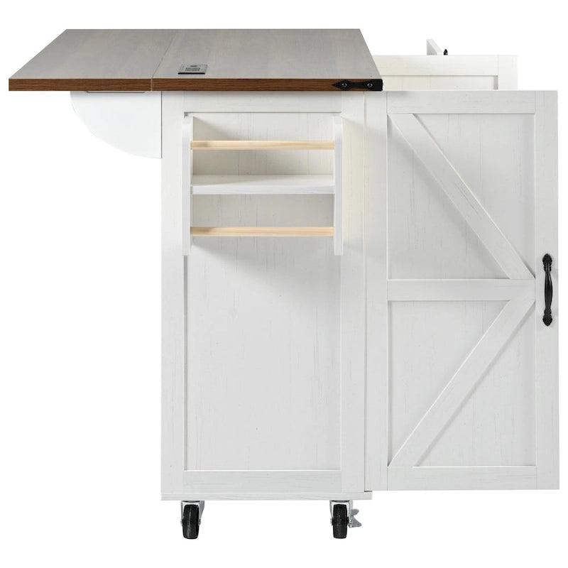 Farmhouse Rolling Kitchen Island with Drop Leaf and Power Outlets