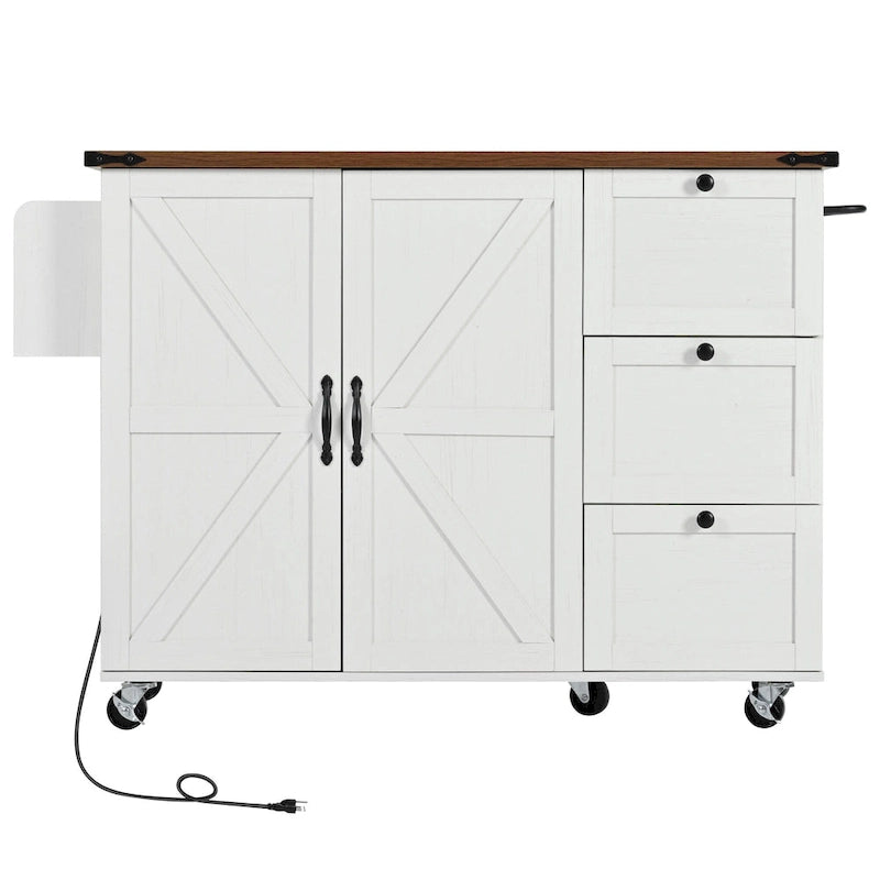 Farmhouse Rolling Kitchen Island with Drop Leaf and Power Outlets