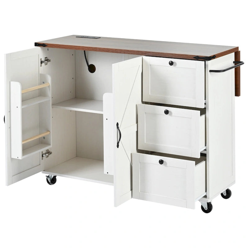 Farmhouse Rolling Kitchen Island with Drop Leaf and Power Outlets