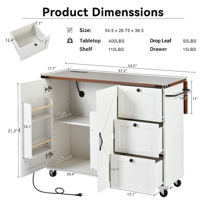Farmhouse Rolling Kitchen Island with Drop Leaf and Power Outlets