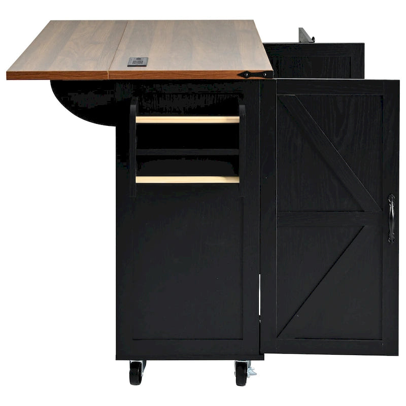 Farmhouse Rolling Kitchen Island with Drop Leaf and Power Outlets