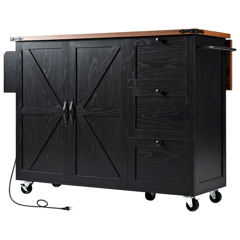 Farmhouse Rolling Kitchen Island with Drop Leaf and Power Outlets