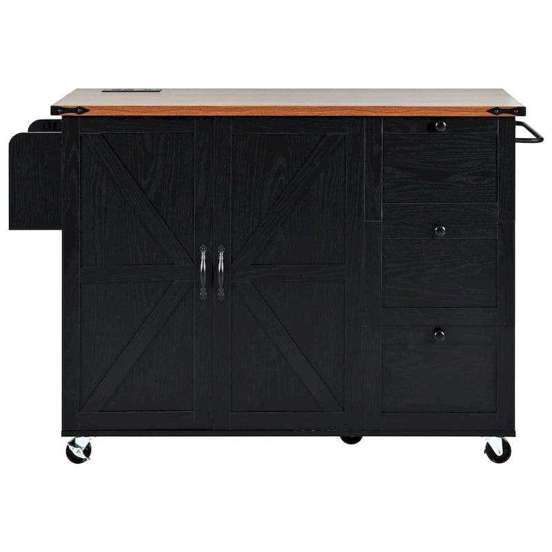 Farmhouse Rolling Kitchen Island with Drop Leaf and Power Outlets